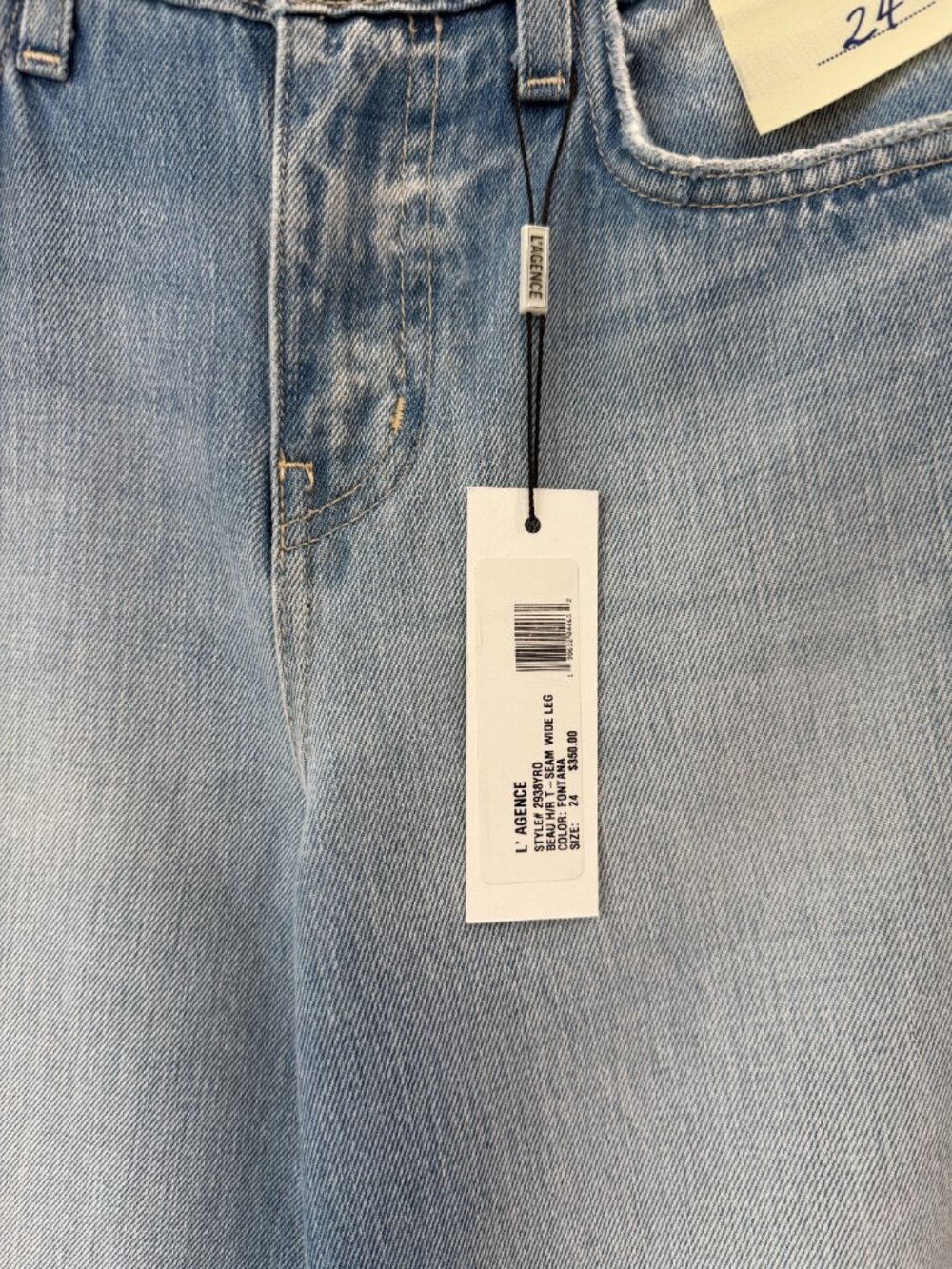 $350 NWT L'Agence Blue Denim Fontana Seam Wide Leg Jean Beau Pants size 24/27" - Picture 7 of 8